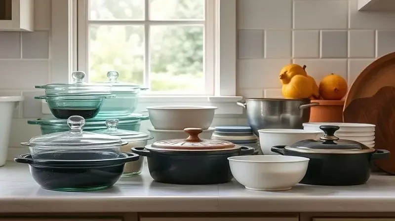 Várias assadeiras de diferentes materiais como vidro, cerâmica e ferro fundido, organizadas em uma bancada de cozinha iluminada.