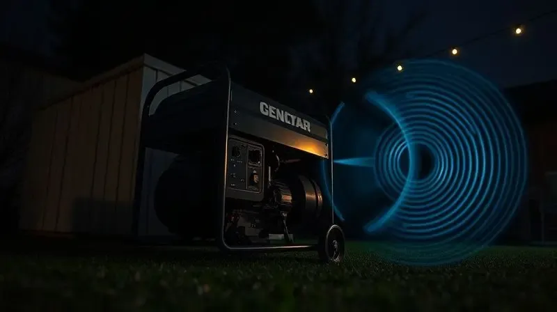 Gerador de energia em funcionamento à noite, com gráficos de ondas sonoras e vibração ilustrando o ruído que ele produz.