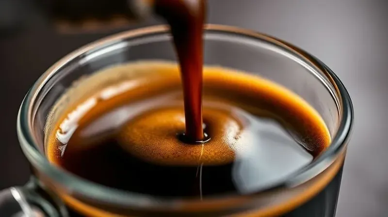 Visão macro de um café expresso sendo extraído em uma xícara, com destaque para a formação de uma crema espessa e aveludada.