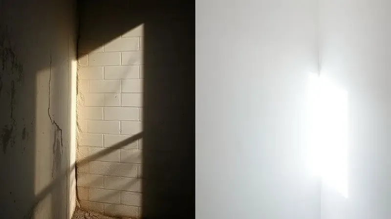 Comparativo de um canto de parede com mofo e descascando ao lado do mesmo canto limpo e renovado, mostrando o poder da função antimofo.