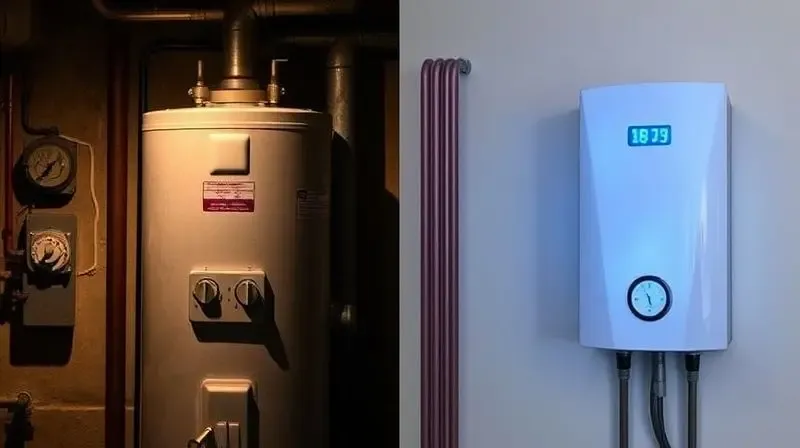 Dramatic split-screen image, on the left side a vintage mechanical water heater with analog dials and visible pipes in a diml