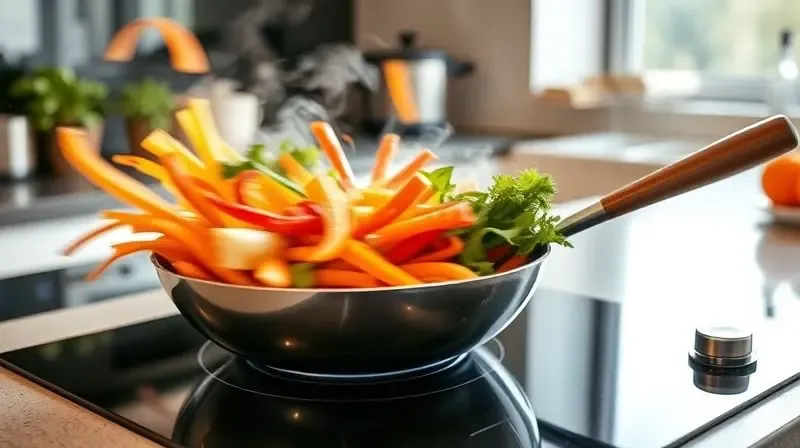 Legumes frescos sendo salteados em uma panela de indução, com vapor subindo, destacando a agilidade e o calor intenso do cozimento.