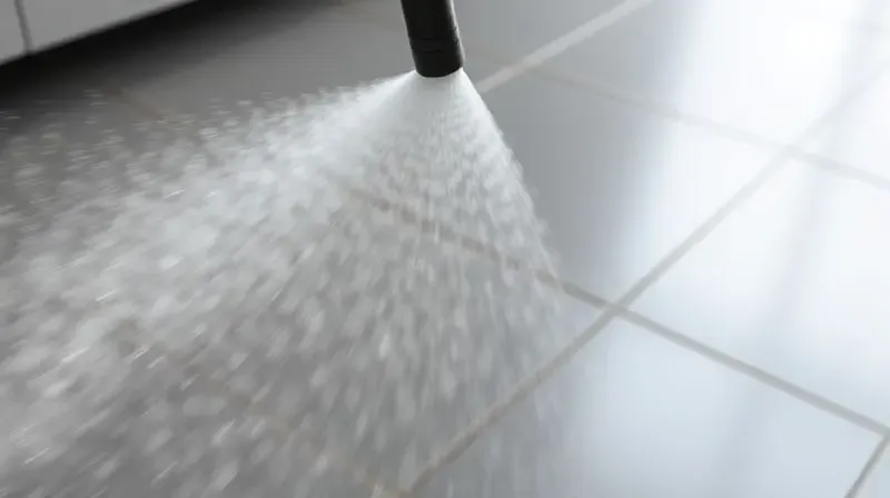 Close-up de um mop spray borrifando uma névoa de água sobre um piso de cerâmica, destacando a agilidade e a tecnologia do aparelho.