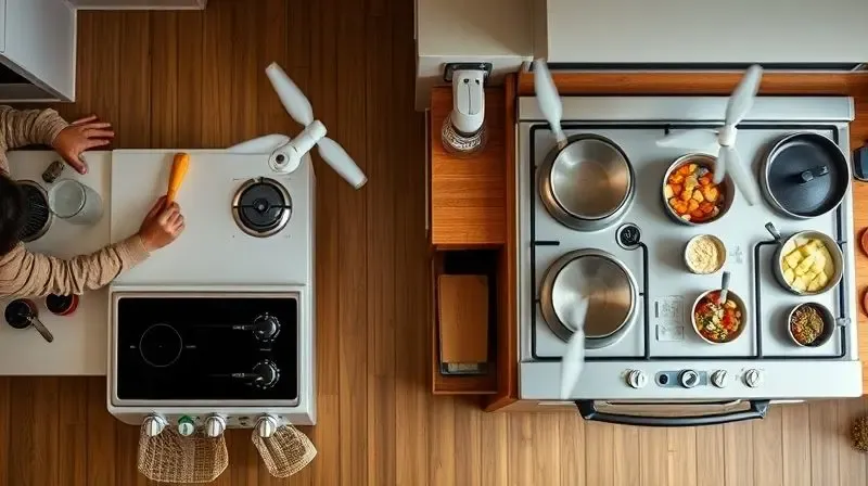 Dynamic overhead drone shot comparing two kitchens: on the left, a small 4-burner stove in a compact apartment with one perso