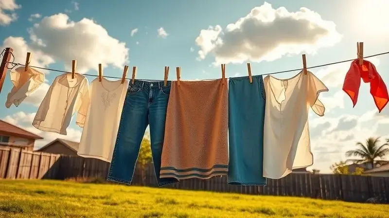 Varal ao vento com prendedores fortes segurando roupas pesadas, como uma calça jeans e uma toalha grossa, sem cair.