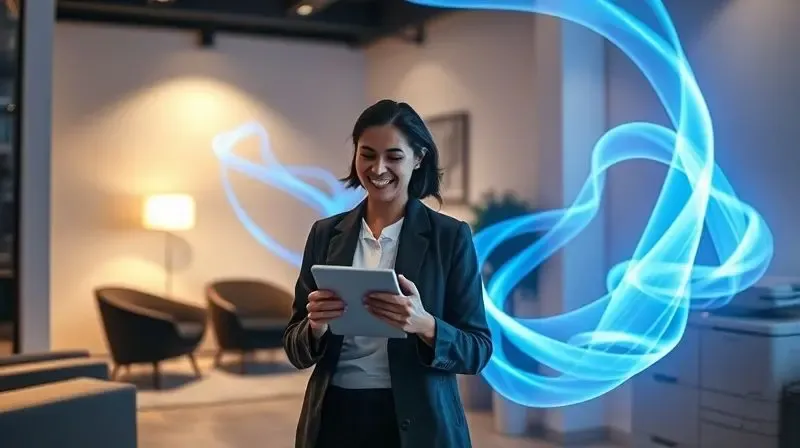 Conexão sem fio sendo representada por feixes de luz saindo de um tablet em direção a uma impressora em um escritório moderno.