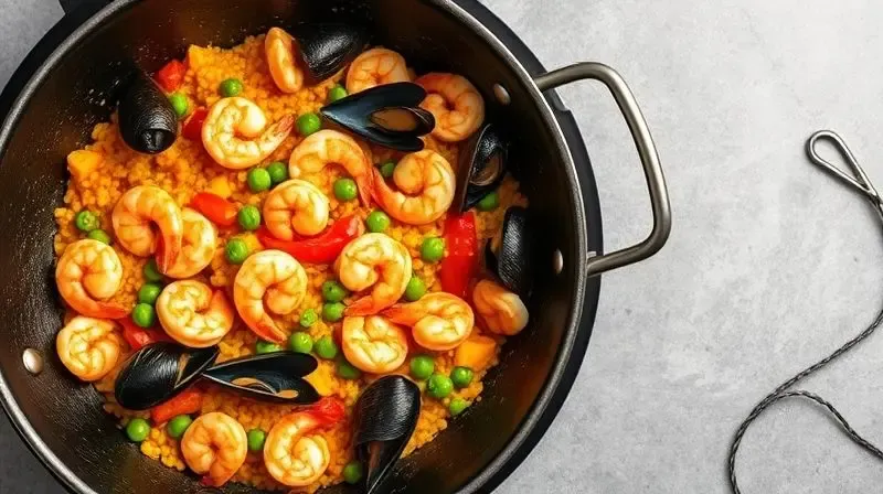 Dynamic top-down shot of a colorful paella sizzling in an open multifunctional electric pan. Vibrant ingredients like shrimp,