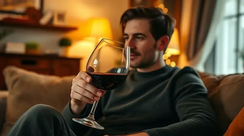 Uma pessoa relaxada em casa, admirando o vinho em sua taça, simbolizando a escolha da taça de vinho ideal para seu gosto.
