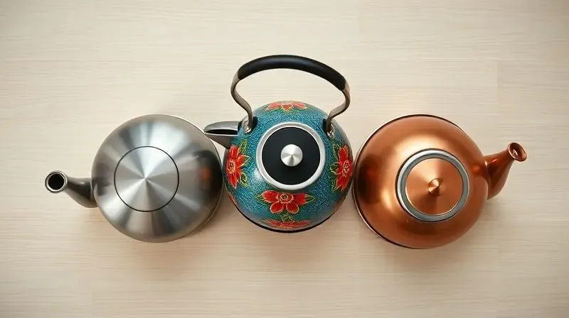 Comparativo visual de chaleiras com apito lado a lado: uma de inox polido, uma esmaltada colorida e uma com acabamento de cobre.