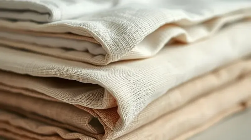 Pilha de toalhas de mesa dobradas, mostrando em detalhe as diferentes texturas de tecidos como algodão, linho e jacquard.