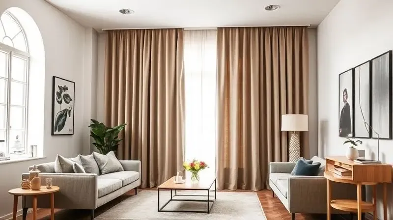 Sala de estar moderna e elegante com uma cortina blackout de tecido que complementa a decoração, mostrando a importância da estética e do design.