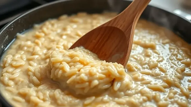 Close-up de uma colher de pau mexendo um risoto cremoso e fumegante em uma panela, ilustrando o ponto ideal da receita.