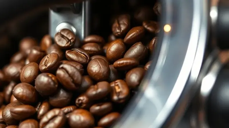Close extremo de grãos de café torrados caindo em um moedor embutido de uma máquina de café expresso.