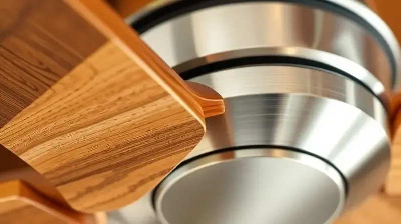 Foto em close-up mostrando a textura de uma pá de madeira e o metal escovado de um ventilador, destacando o design e a qualidade do material.
