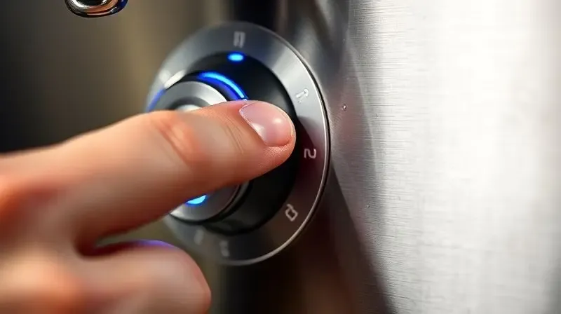 Close de um dedo ajustando a temperatura em um painel digital de LED azul de uma chopeira elétrica de inox.