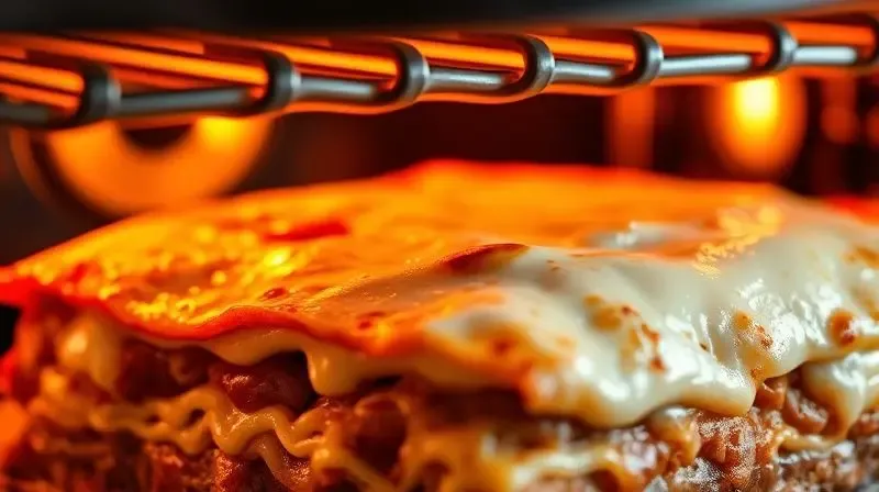 Close-up de queijo derretendo e dourando sobre uma lasanha sob a grelha de um forno, destacando a função grill para criar uma textura crocante.