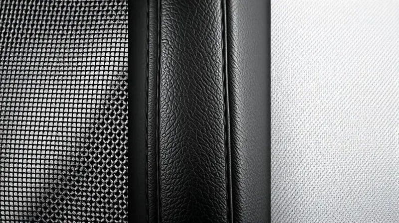 Extreme close-up, macro shot showcasing a side-by-side comparison of different premium chair materials, like breathable mesh,