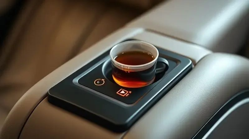 Detalhe do braço de uma poltrona de massagem, mostrando um painel de controle com ícones luminosos de aquecimento, bluetooth e uma porta USB.