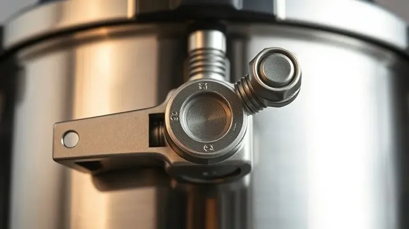 Close-up focado nos mecanismos de trava e na válvula de segurança de uma moderna panela de pressão de inox.