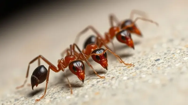 Extreme macro photograph showing three different species of ants in a line on a neutral surface, highlighting their distinct 