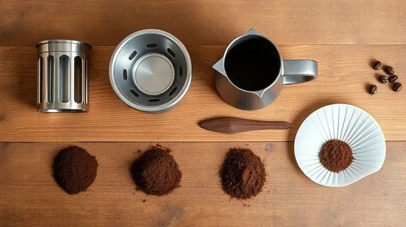Flat lay of various coffee making devices like a French press, an espresso machine portafilter, a moka pot, and a pour-over d