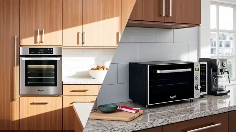 Comparativo visual em uma cozinha moderna, com um forno de embutir integrado aos armários e um forno de bancada sobre a pia.