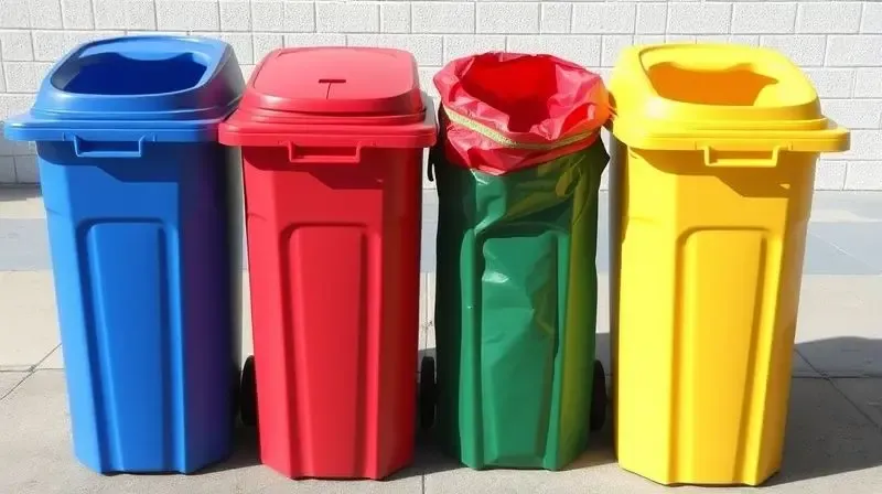 Fileira de lixeiras de coleta seletiva com sacos de lixo nas cores correspondentes: azul, vermelho, verde e amarelo, para reciclagem.