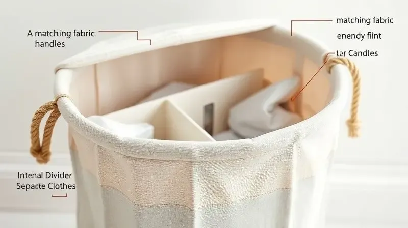 Detalhe de um cesto de roupas com funcionalidades extras: tampa de tecido, alças de corda reforçadas e divisória interna para separar as peças.