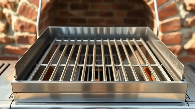 Detalhe de uma grelha parrilla argentina de inox, mostrando o design das canaletas em 'V' e o coletor de gordura, sobre uma churrasqueira de tijolos.