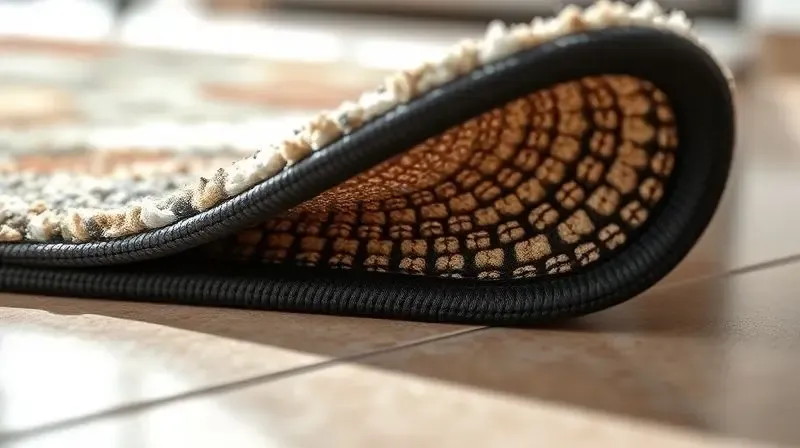Close-up da base antiderrapante de um tapete de cozinha, mostrando a textura de borracha que garante segurança e evita escorregões.