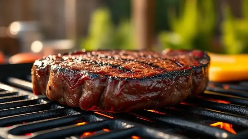 Close-up de uma peça de picanha suculenta grelhando em uma churrasqueira, com marcas de selagem perfeitas, destacando a importância da grelha.