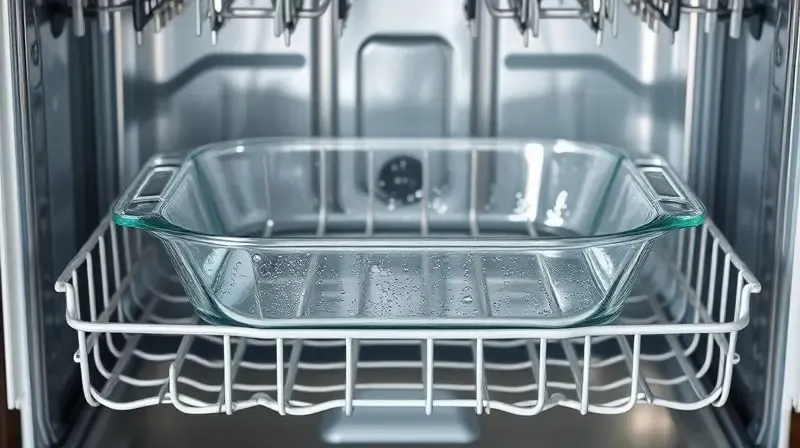 Uma assadeira de vidro limpa e brilhante sendo colocada com cuidado dentro de uma máquina de lavar louças moderna.