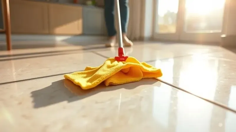 Pessoa limpando um piso de porcelanato brilhante com um pano de microfibra, visto de um ângulo baixo.