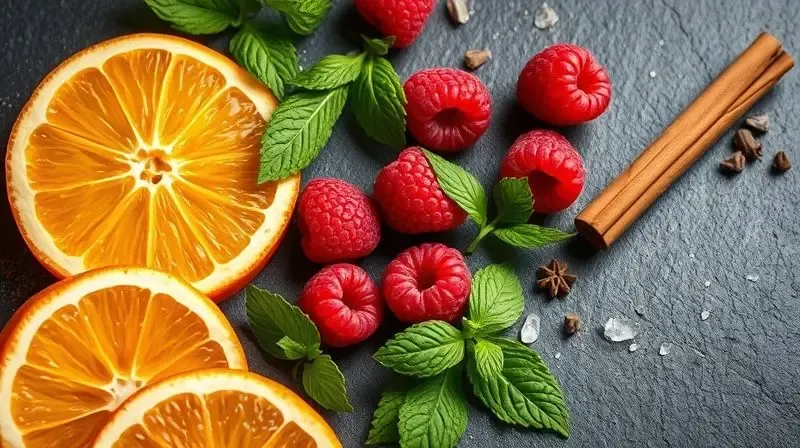 Close-up de frutas frescas como laranja e framboesa, e especiarias, simbolizando os sabores e aromas dos xaropes.