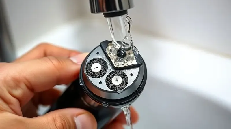Macro photorealistic shot of a person carefully cleaning the head of a modern electric shaver under a gentle stream of runnin