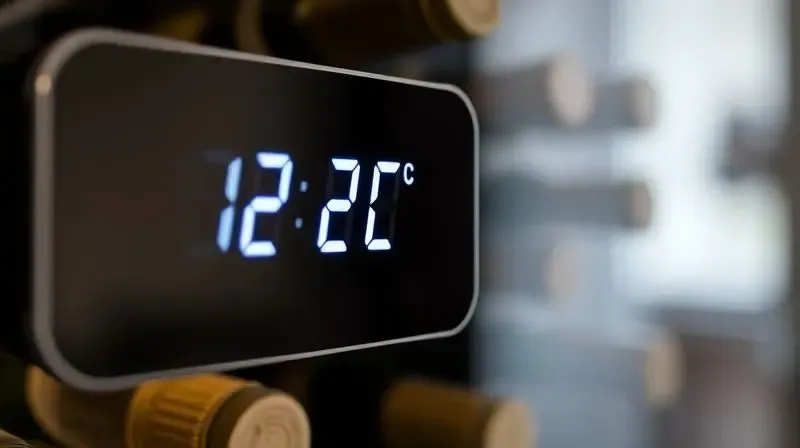 Close no display digital de uma adega climatizada mostrando a temperatura ideal para vinhos, em torno de 12°C.