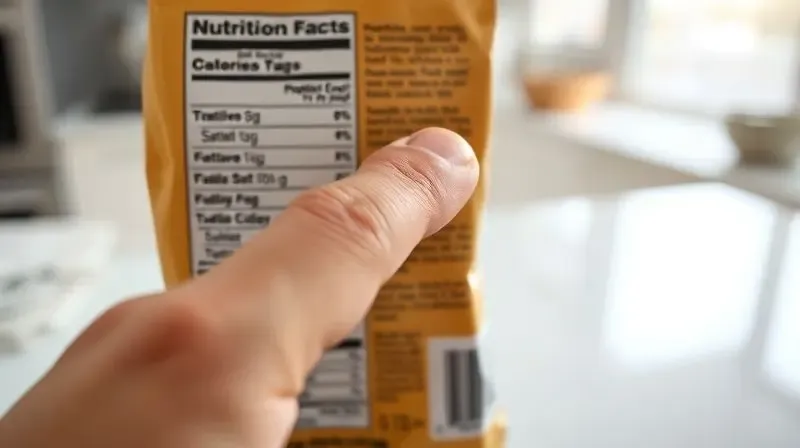 Close-up de um dedo analisando a tabela nutricional na embalagem de um pacote de biscoitos.
