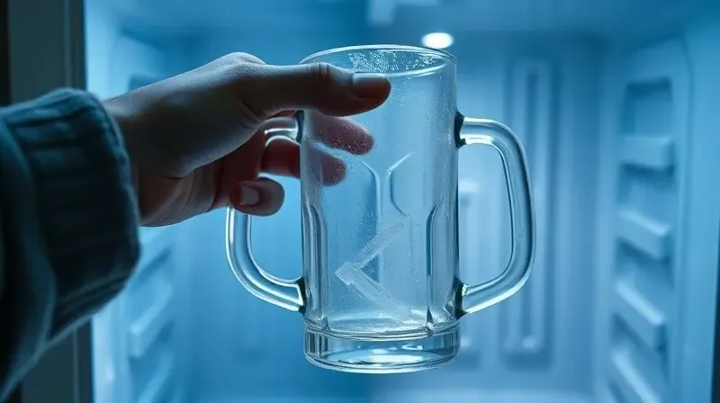 Uma mão retirando uma caneca de chopp de vidro completamente congelada de dentro de um freezer para mostrar como mantê-la gelada.