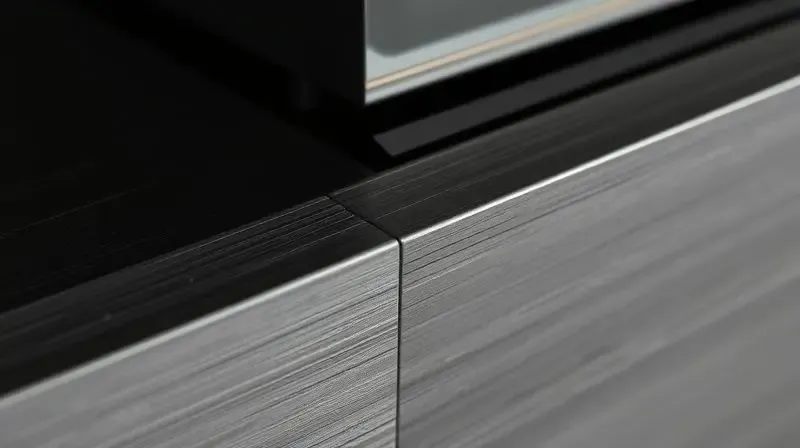 Detalhe dos materiais de uma lareira ecológica, mostrando a textura do aço inox escovado e do aço carbono com acabamento fosco.