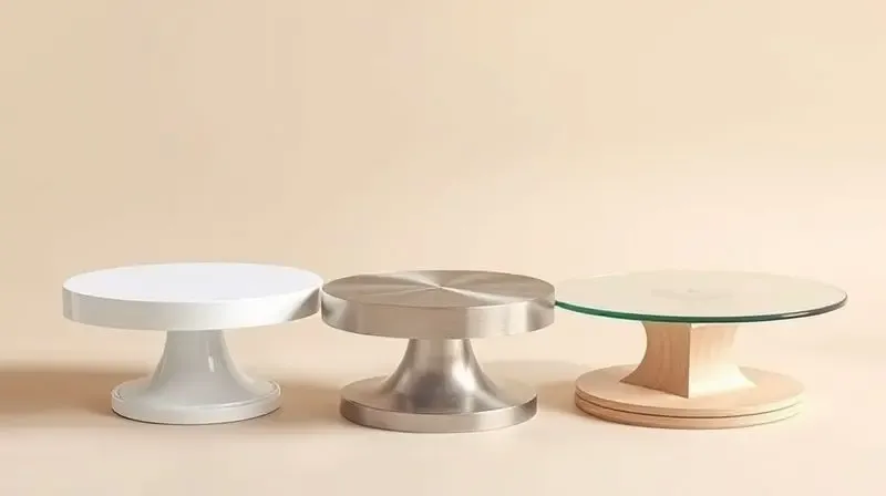Comparativo de materiais de bailarinas para bolo: modelos em plástico, alumínio, vidro e MDF exibidos lado a lado para escolha.