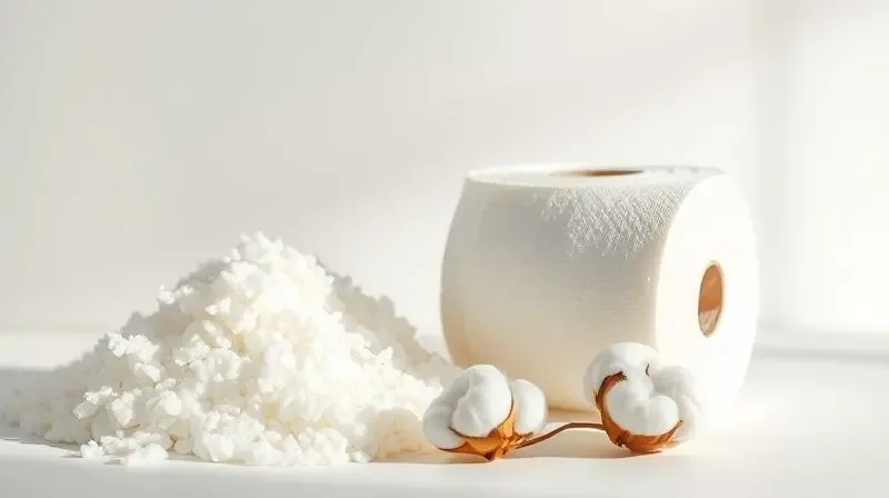 Fibras de celulose natural ao lado de um rolo de papel higiênico, ilustrando a importância dos materiais na sua fabricação.