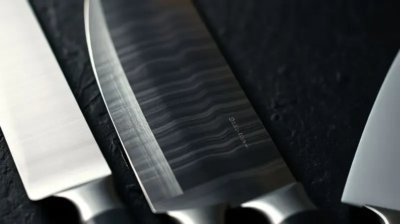Close-up comparando três lâminas de faca: uma de aço inox, uma de aço damasco com padrões ondulados e uma de cerâmica branca, sobre uma superfície escura.