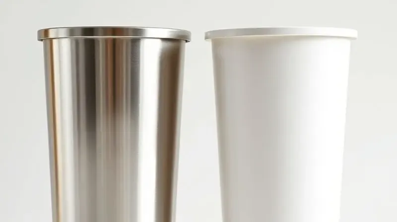 Comparativo visual entre uma lixeira de inox e uma de plástico, destacando as texturas e vantagens de cada material para cozinha.