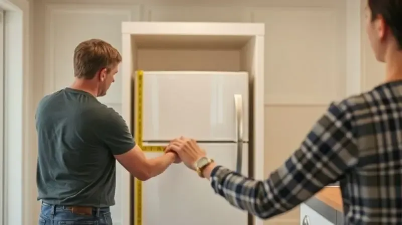 Pessoa medindo com uma fita métrica o espaço vazio em uma cozinha planejada para a instalação de uma geladeira pequena.