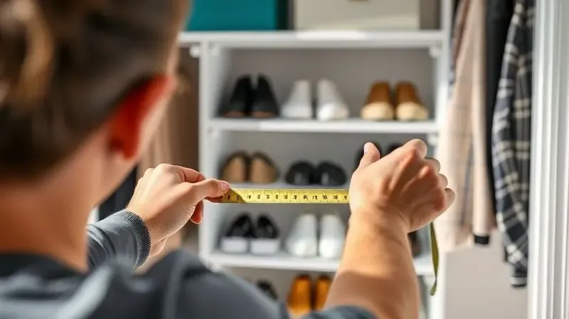 Uma pessoa usando uma fita métrica para medir o espaço vazio em um guarda-roupa, planejando a instalação de um novo organizador de sapatos.