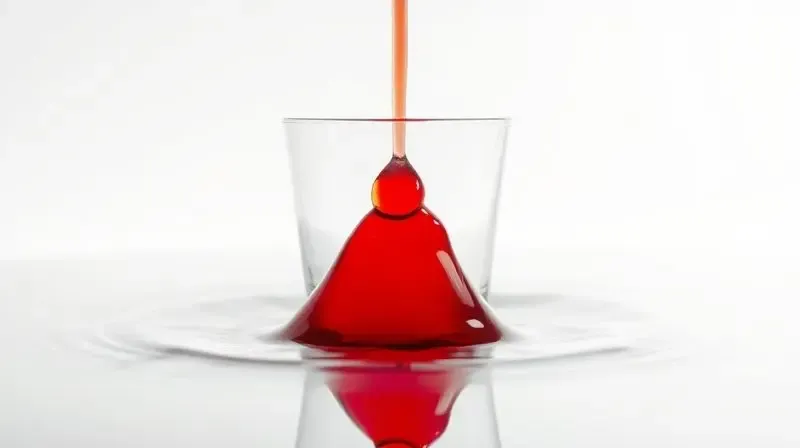 Gota de xarope vermelho caindo em um copo com água, criando ondulações na superfície e ilustrando a diluição.