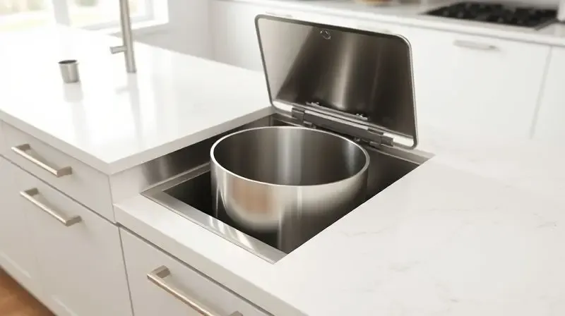 Lixeira de embutir moderna em inox instalada em uma bancada de quartzo branco, demonstrando sua integração e design discreto na cozinha.