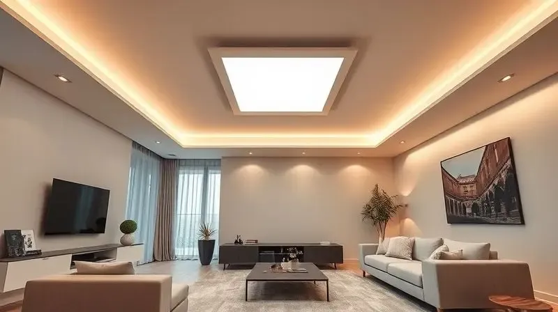 Sala de estar moderna e minimalista iluminada por uma luminária plafon de LED quadrada instalada no teto, criando um ambiente acolhedor.