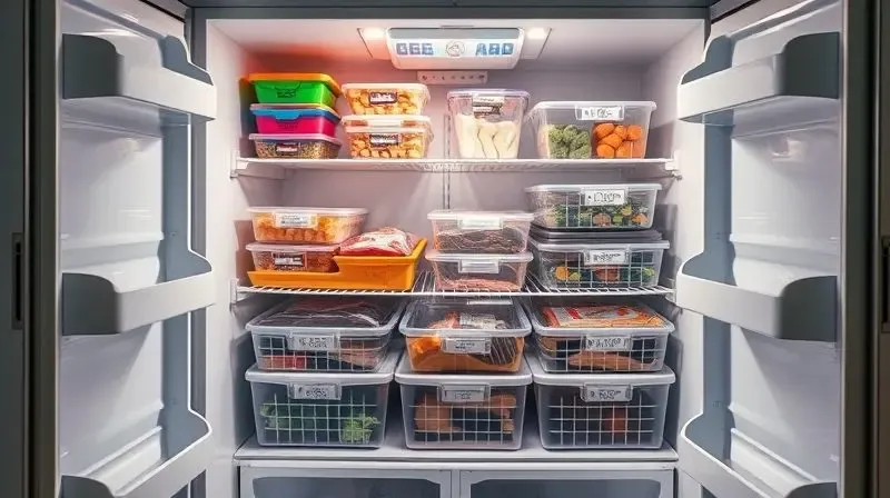 Interior de um freezer vertical perfeitamente organizado, com alimentos em recipientes e cestas para otimizar o espaço e facilitar o acesso.