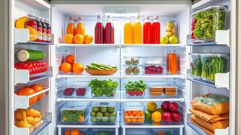 Interior de uma geladeira moderna e bem organizada, mostrando prateleiras, gavetas e compartimentos cheios de alimentos frescos e organizados.
